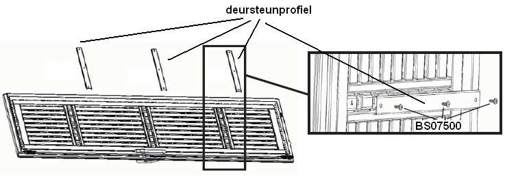 9b. Monteer de deursteunprofielen (doos 1/2) aan de linkerdeur met de schroeven BS07500 (onderdelenzakje 1033789) 9c.