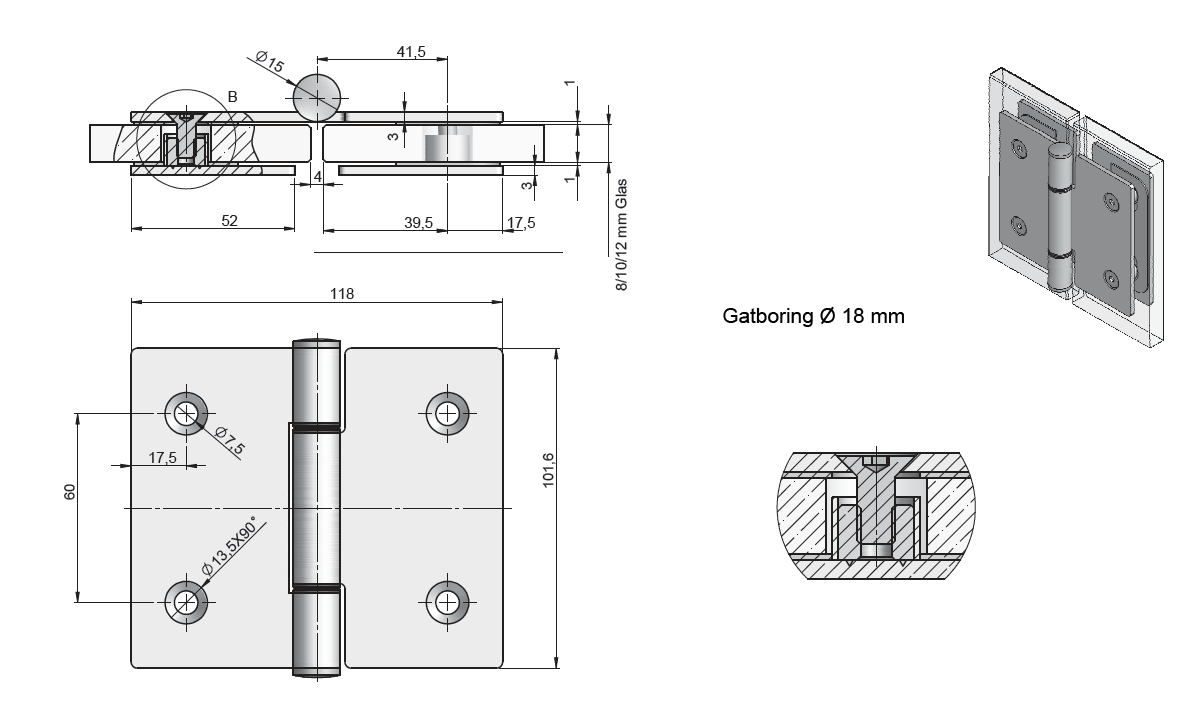 GLASDEURSCHARNIEREN RVS GLASDEURSCHARNIEREN Z-10180 Uitvoering Glas / Glas. Voor aanslagdeuren. (Schroeven aandraaien met max. 6 Nm.) Bestelnr. Afmeting Glasdikte Materiaal Max. gewicht Max.