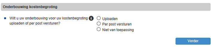 De programma specifieke vragenlijst kunt u in het voorgaande onderdeel (F2) downloaden en invullen. Klik daarvoor op de knop "Vorige" linksboven in dit formulier.