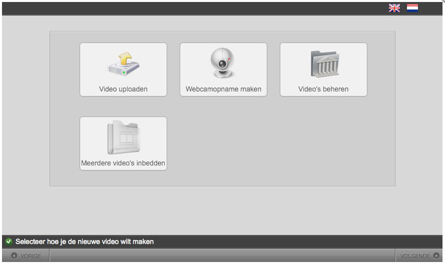 Kies of je een video wilt uploaden of dat je een webcamvideo wilt opnemen en volg de verdere