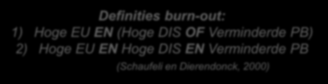 Burn-out en bevlogenheid VARIABELE ARTS VPK TOTAAL % Emotionele uitputting (EU) 478 (39,9) 1441 (31,1) 1919 (32,9) % Distantie (DP) 334 (27,9) 1119 (24,1) 1435 (24,9) % Persoonlijke bekwaamheid (VPB)