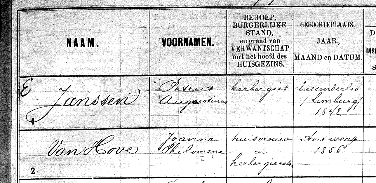 1879 August 31 jaar Philomena 23 j 9 oktober 1879 : Gust Janssen wordt herbergier, Philomena van Hove wordt herbergierster! Aan de Tenierslei 18 worden ze de uitbaters van een café.