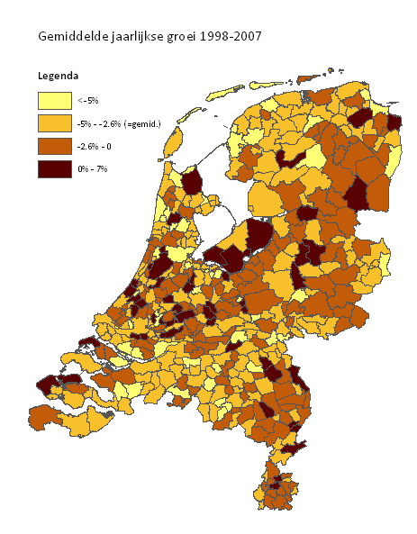 Figuur 3.1 Bijstandskans (WWB-volume < 65 jaar als percentage van het aantal huishoudens) naar landsdeel, periode 1998-2007.