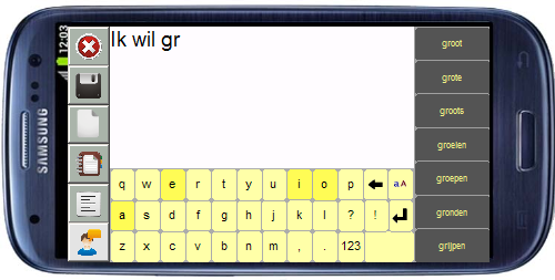 Typemodule Om in dit scherm te komen moet de knop aangeklikt worden in de werkbalk in het basisvocabulaire In de typemodule kunnen berichten worden getypt, die kunnen worden uitgesproken.