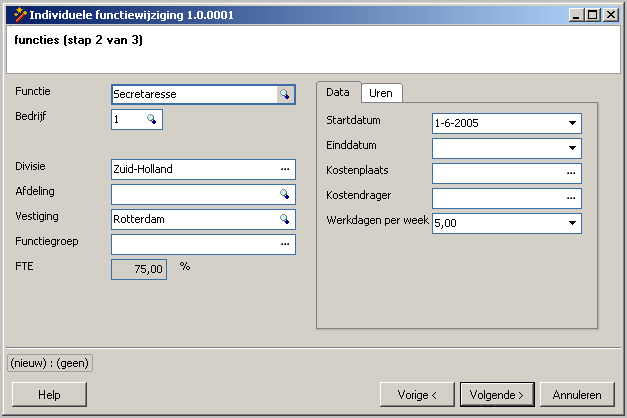 112 Het scherm Functies wordt geopend met een nieuw record. Standaard worden de gegevens van de vorige functie overgenomen en wordt als ingangsdatum de huidige datum gekozen.