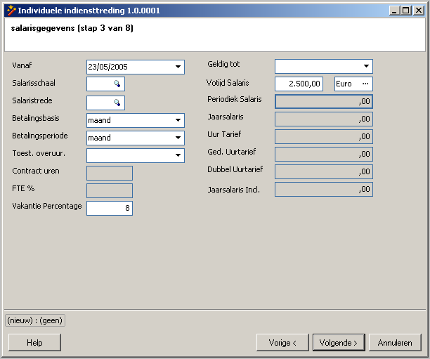 119 In stap 3 wordt het Salarisscherm getoond. Ook hier wordt automatisch de datum indienst ingevoerd in het veld Vanaf. Pas het eventueel aan.
