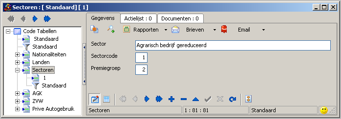 60 In het scherm Werknemers kan informatie uit dit scherm opgehaald worden. 1.12.3 Sectoren In dit scherm kunnen de verschillende sectoren opgenomen worden.