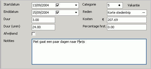 86 Dubbel klik op Verlof en Verzuim en het scherm wordt geopend. De heer Boersma gaat een paar dagen op vakantie. Maak een nieuw record aan en voer de details in.