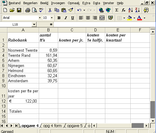 Oefening 15 Absolute en relatieve verwijzing 1. Open het bestand fte.xlsx. 2. Vul in kolom kosten per jaar, de formule in van aantal fte s * kosten per fte. 3.