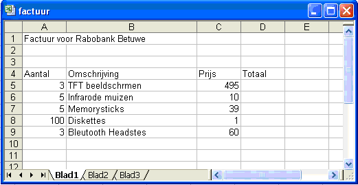 Oefening 3 Invoeren van formules Het maken van een eenvoudig werkblad: 1. Open het bestand factuur.xlsx 2. In plaats van de verschillende adressen in de formules in te typen, kunt u ze ook aanklikken.