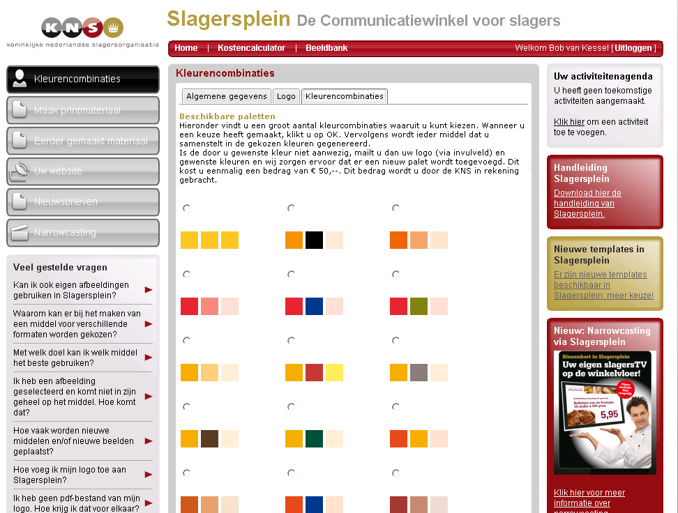 3. Kleurencombinaties: Hier kiest u een kleur die bij uw huisstijl past. De middelen die u gaat samenstellen zullen in de gekozen kleuren worden opgemaakt.