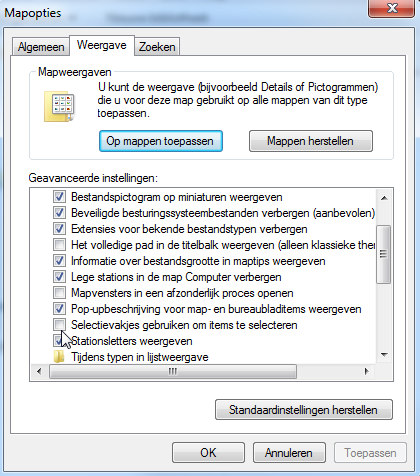 selecteren". Druk dan op OK en de selectievakjes worden vanaf nu toegepast.