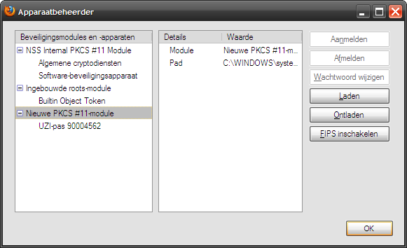 Er verschijnt een venster die om 2 waardes vraagt (zie screenshot hieronder): Module naam : PKCS#11 Module (standaard waarde) Module bestandsnaam : C:\Windows\System32\aetpkss1.