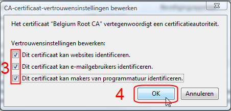 - Vink de drie instelling aan en klik op Ok - Zoek het certificaat Belgium Root CA 2.