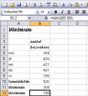 12.4 De functie MINIMUM De functie minimum geeft als resultaat het kleinste getal in een lijst met waarden. Klik op de cel waar het antwoord weergegeven moet worden. (In het voorbeeld hiernaast: B11).