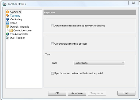 In het scherm [ Algemeen ] kunt u aangeven of u de Toolbar automatisch wilt aanmelden.