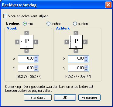 AFDRUKOPTIES 43 Beeldverschuiving In Beeldverschuiving kunt u opgeven hoe ver de afbeelding op elke pagina moet worden verschoven langs de X-as (horizontaal) en de Y-as (verticaal).