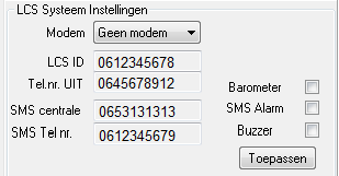 4.3.7 LCS Systeem instellingen Modem: Het modem type van de, kan uit drie opties gekozen worden mits aangesloten. Geen modem Analoog modem GSM modem LCS ID: Identificatie van de.