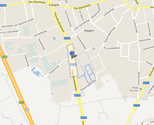 1 ANALYSE VAN DE WEG: Figuur 1: situering projectgebied en knelpunt de E19 en de R1. N173 Prins Boudewijnlaan is geselecteerd als een lokale weg type II en valt onder het beheer van het Vlaams Gewest.