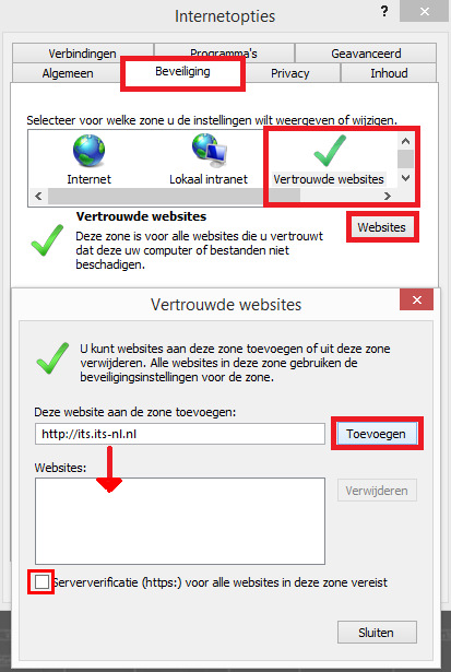 4. Klik op het tabblad Beveiliging op Vertrouwde sites en klik op Websites. 5.