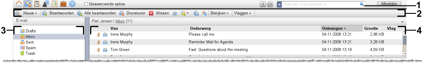 Hoofdstuk 3. E-mail module 3.1. Overzichtsvenster Gebruik een van de volgende methoden om de E-mail module te openen: Klik op het E-Mail pictogram in de modulebalk.