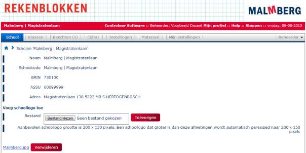 4 Menu: School Het tabblad School laat de school gegevens zien en geeft de schoolbeheerder de mogelijkheid om het logo van de school toe te voegen aan het Rekenblokken. 4.