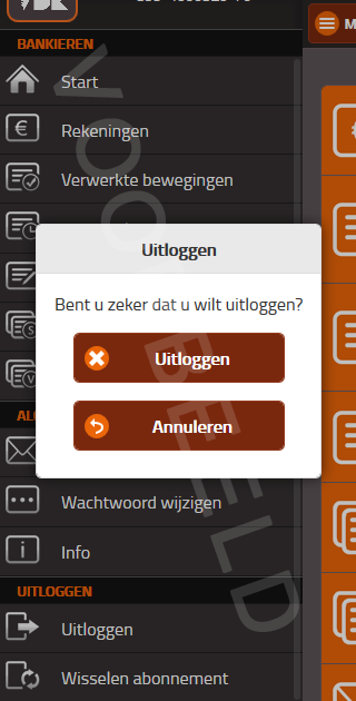 Wanneer u de sessie wilt beëindigen, dan kan u via het menu de optie Uitloggen selecteren.