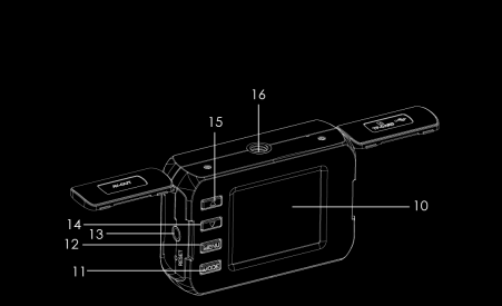 1.Sluiter 2.Luidspreker 3.AAN/UIT 4.USB-poort 5.Micro SD-kaartsleuf 6.Lens 7.Indicatielampje Opladen 8.Indicatielampje Bezig 9.Cover 10.Scherm 11.Modus 12.Menu 13.AV-poort 14.Omlaag (uitzoomen) 15.