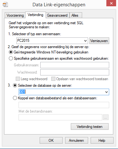 Selecteer Microsoft OLE DB Provider for SQL Server en klik op Volgende>> Selecteer of vul de servernaam in, selecteer aanmelding en selecteer de om te zetten database.