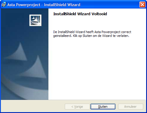 De melding InstallShield Wizard Voltooid wordt getoond. U kunt op Sluiten klikken om de installatie af te sluiten. U kunt vervolgens de Standaard Asta Powerproject Client Software starten.