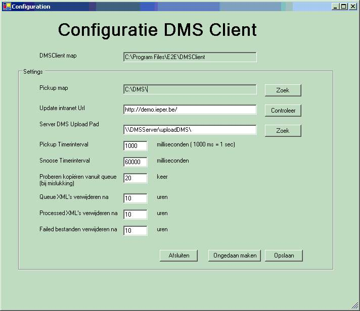 2 Configuratie Enkel voor administratieve doeleinden kan de configuratie van de DMS Plugin aangepast worden. De gegevens kunnen aangepast worden via de applicatie DMSAdmin.