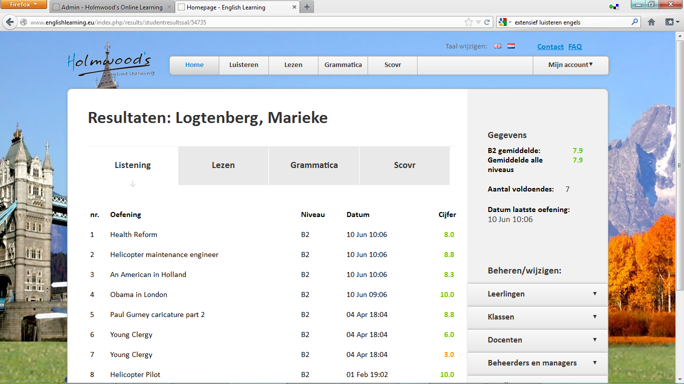 Resultaten Voor een eenvoudig overzicht van de resultaten van uw klas(sen) kiest u in het menu rechts (op de Homepage ) Klassen en daarna voor Klassenlijst.