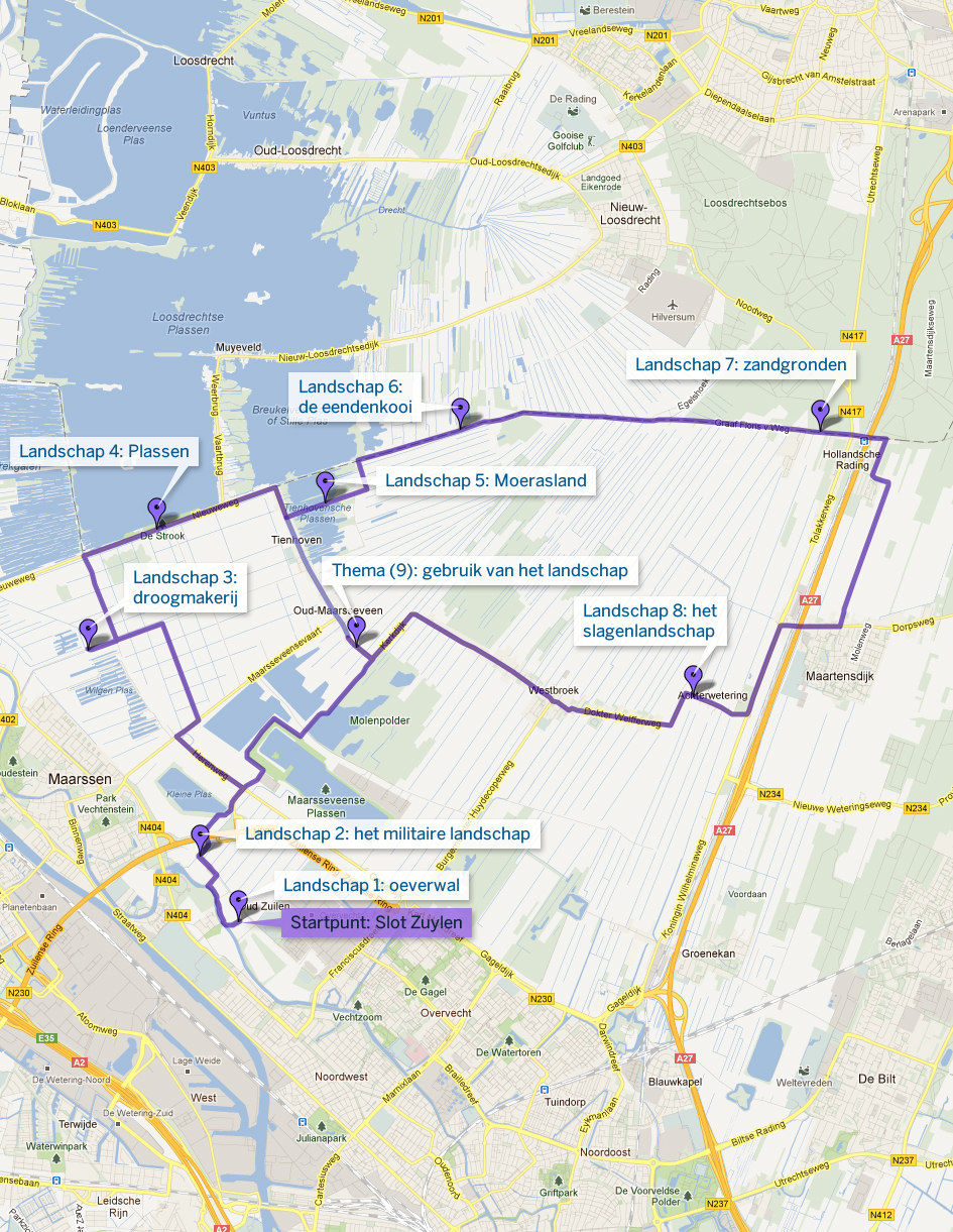 8 Landschappenroute fietsroute van 32 km Start: Slot Zuylen, Toernooiveld 1, Oud Zuylen Route via knooppunten: 27-49-29-99-92-93-48-47-45 Deze afwisselende route leidt u door het Noorderpark, het