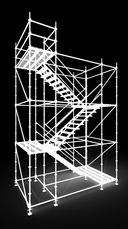Ringscaff Demonteerbare stalen trap met een lastcapaciteit van 3 kn/m 2 De linker en rechter trapwangen zijn met bouten bevestigd. Deze zijn gemonteerd op trapbomen met gesleufde openingen.
