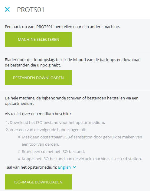 Selecteer de bestanden en klik op Herstellen om de backup direct op de machine te restoren of klik op Downloaden om de bestanden via de webinterface te downloaden (op iedere machine waarmee u bent