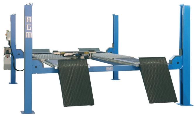 22 B Model: M43 4 Koloms hefbrug - Hydraulische heffen met kabels en rollen - Zet zich altijd mechanisch vast (uitschakelbaar) - Electrische ontgrendeling - Dubbele voetbeveiliging - Platform 630mm