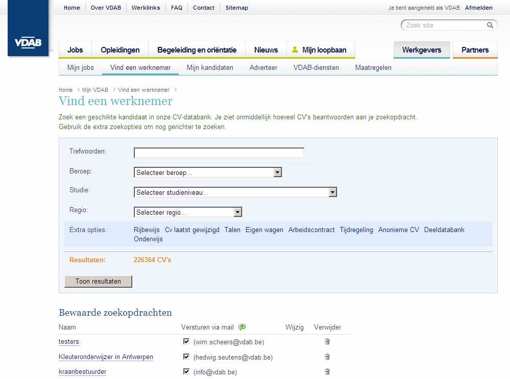 3.3 Beheer bewaarde zoekopdrachten Het overzicht van de bewaarde zoekopdrachten is beschikbaar via de Tab "Vind een werknemer".