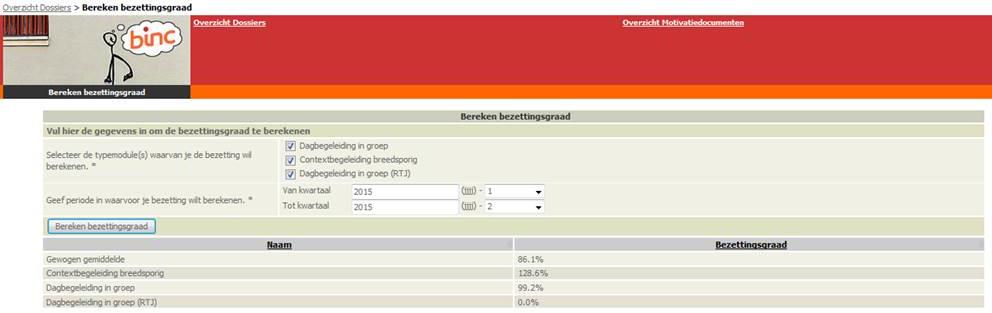 Als je modules Dagbegeleiding in groep of Ondersteunende Begeleiding selecteert, kan je de bezetting enkel per kwartaal berekenen omdat bezetting voor deze modules wordt berekend op basis van de