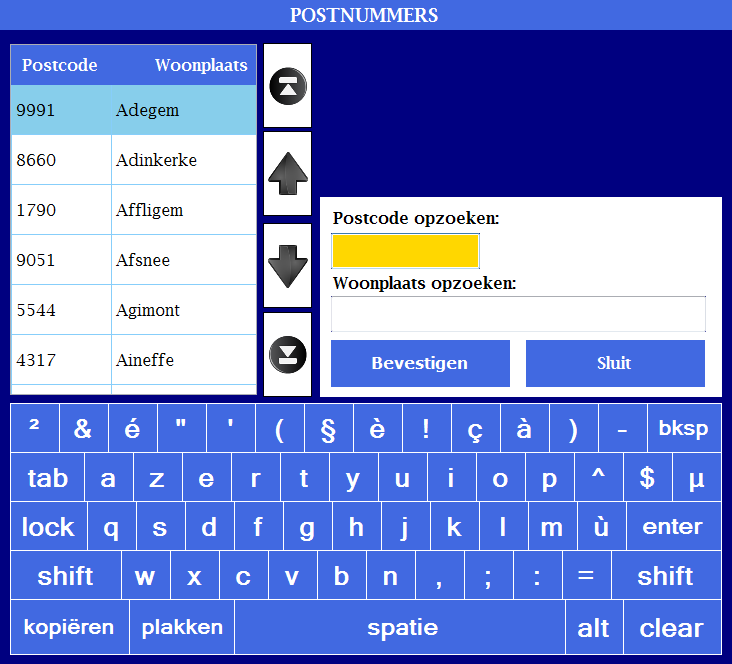 SR.NET - GLOBALE GEGEVENS SELECTEREN In sommige schermen (vb. bij klant toevoegen) heeft u de mogelijkheid om postgegevens te selecteren. Dit kunt u doen als volgt: 1.