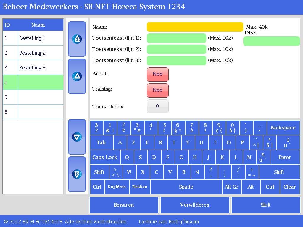 SR.NET - Gegevens beheren in de SR.NET Software Via deze optie kunt u de medewerkers (bedienden) beheren (zie Figuur 5.2.2) 1. Druk op de toets Medewerkers in het scherm Instellingen. (zie Figuur 5.2.1) Het scherm Beheer Medewerkers wordt weergegeven.