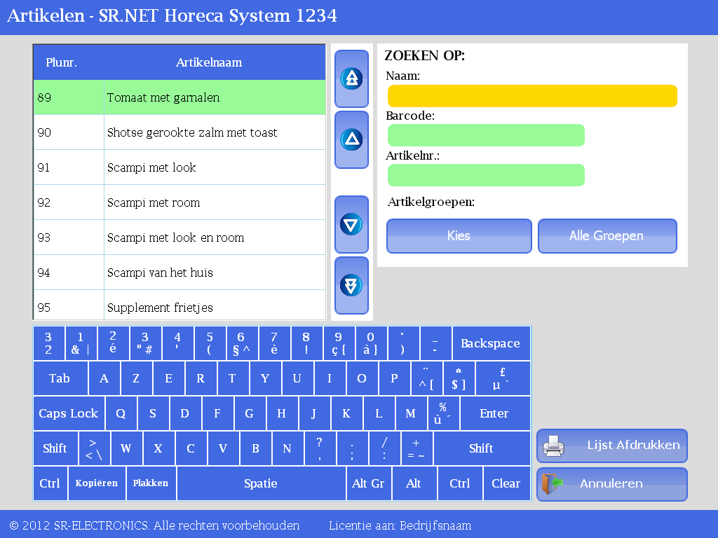 SR.NET - Gegevens beheren in de SR.NET Software 5.4.3 Artikel verwijderen 1. Druk op de toets Wijzig/Overzicht Artikelen in het scherm Instellingen. (zie Figuur 5.4.3.1) Figuur 5.4.3.1 Het scherm Artikelen wordt geopend (zie Figuur 5.