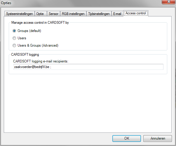 6 Proximitygegevens automatisch mailen in een csv formaat: Onder de Prosoft opties is een nieuw tabblad Access control toegevoegd: Onderaan op dit tabblad kan je opgeven naar welk mailadres je het