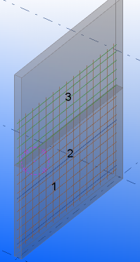 Optie Beschrijving 1 (oranje kleur): Het net hoort bij de onderkant van het paneel van het betonelement, de naam van het net is MESH1. 2 (blauwe kleur): Twee enkele staven, de naam is MESH1.