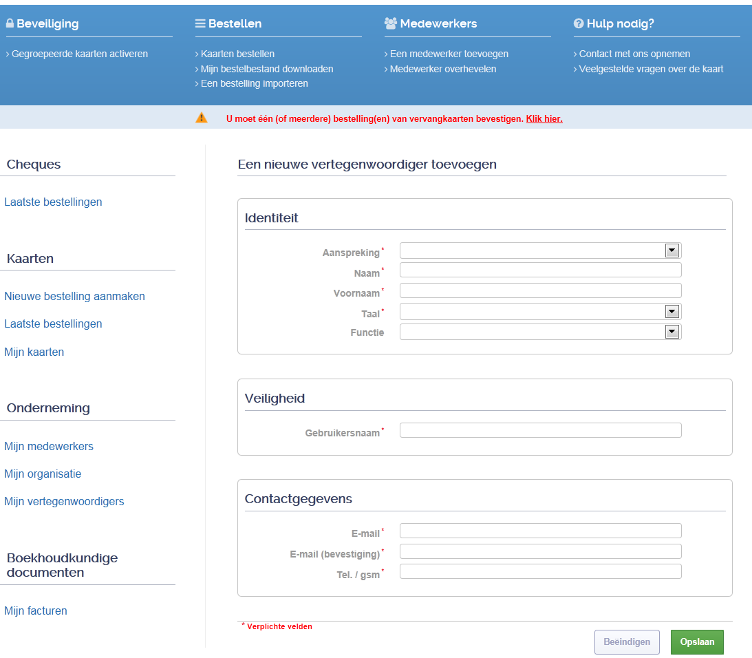 - Klik op «Een vertegenwoordiger toevoegen» om een nieuwe vertegenwoordiger toe te voegen. Vul alle nodige informatie in en klik op «Opslaan».