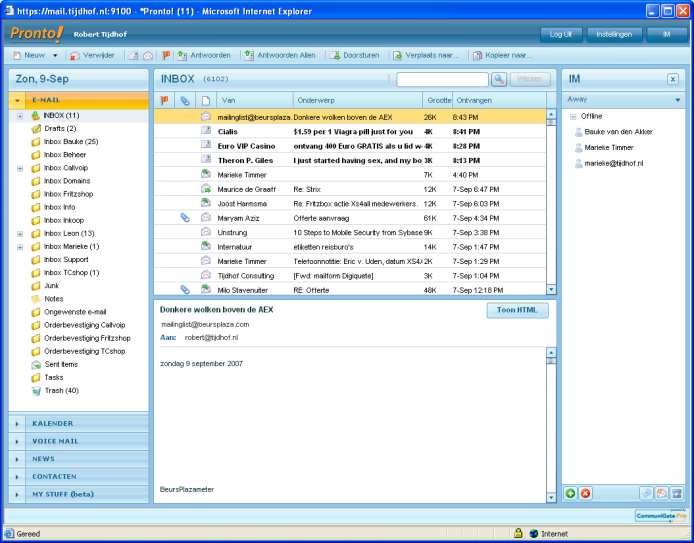 Pronto! wordt geopend. Het programma lijkt sterk op Outlook en is eenvoudig te gebruiken. Hieronder worden de functionaliteiten kort bij langsgelopen. 2. Pronto! Webmail uitleg mogelijkheden Pronto!