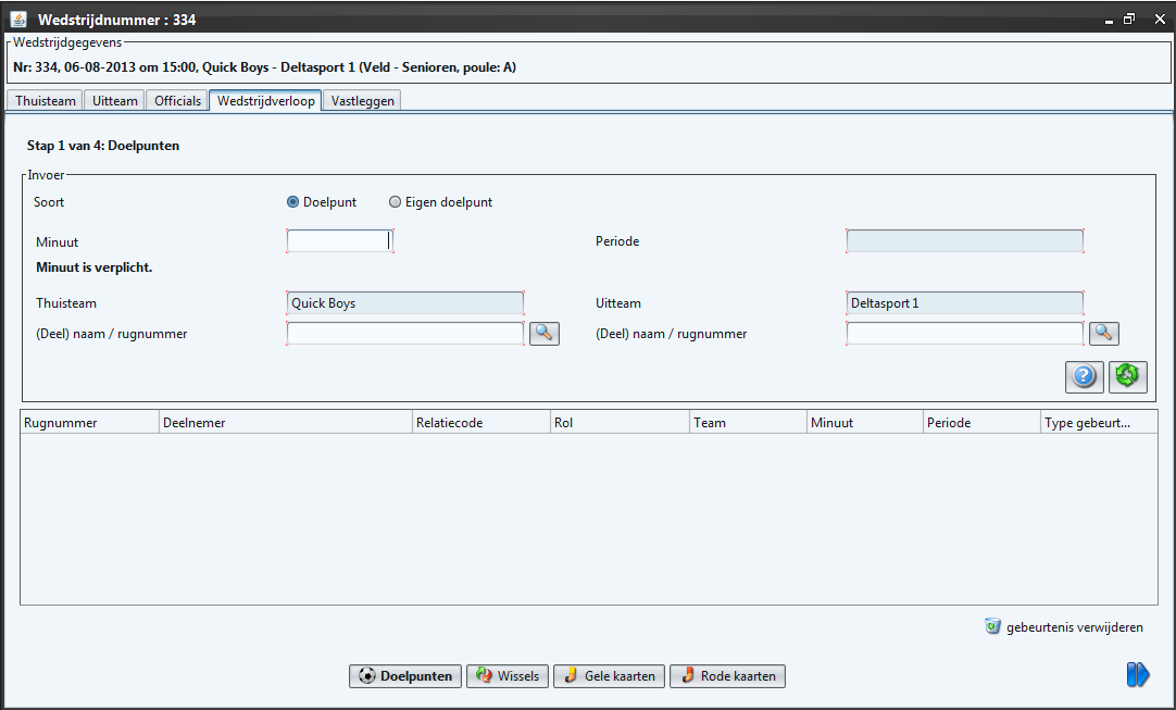 Wanneer de juiste acties niet zijn uitgevoerd verschijnt het volgende scherm: De scheidsrechters is verantwoordelijk voor het opgeven van informatie met betrekking tot het wedstrijdverloop.