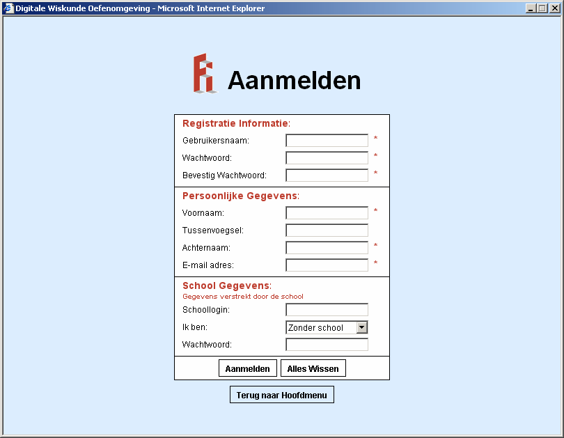 Aanmelden Voor de DWO is het van belang dat u zich registreert. Doet u dit niet, dan kunnen uw resultaten niet worden opgeslagen. In bovenstaand scherm kunt u zien welke gegevens u dient in te vullen.