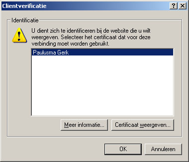 Afhankelijk van de instellingen van uw internetbrowser en het aantal certificaten dat u op uw systeem heeft geïnstalleerd, wordt tijdens het straten van een dienst gevraagd een certificaat te