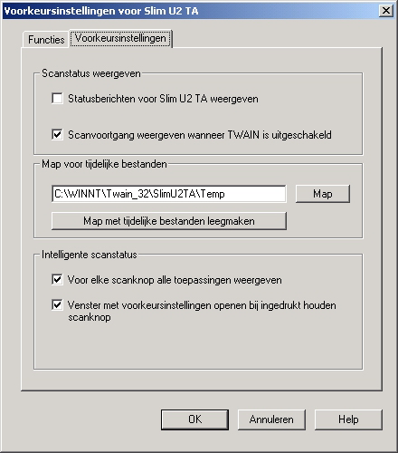 Voorkeursinstellingen In het dialoogvenster Voorkeursinstellingen voor Slim U2 TA Scanner klikt u op het tabblad Voorkeursinstellingen om het volgende scherm te openen: Scanstatus weergeven Schakel