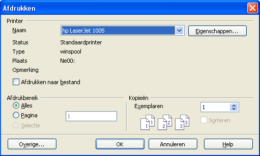 Opdracht 5.4 Afdrukken van een document 1. Zorg dat het bestand Dolfijnen is geopend. 2. Kies Bestand, Afdrukken. Het venster Afdrukken wordt geopend.